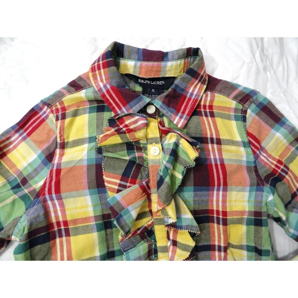 Ralph Lauren Button Up Long Sleeve Shirt Girls Size 5 Yellow Blue Plaid Ruffles